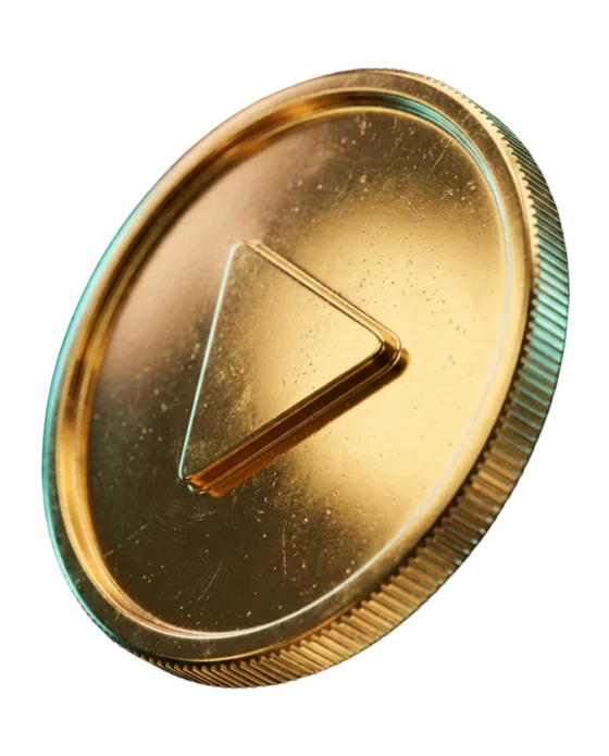 A heavy gold coin embossed with a play button.