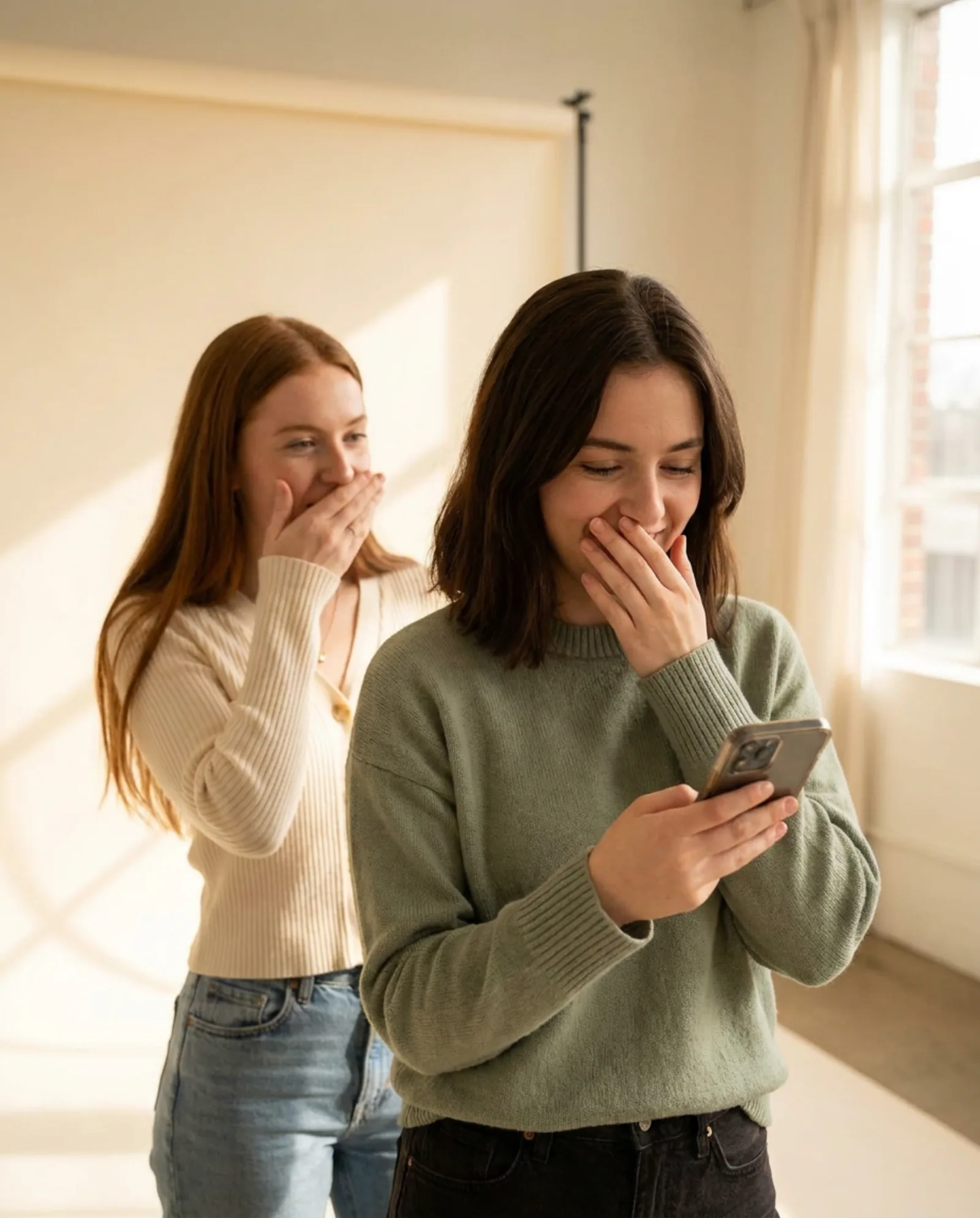 Two creators reacting to a payment notification on a phone.
