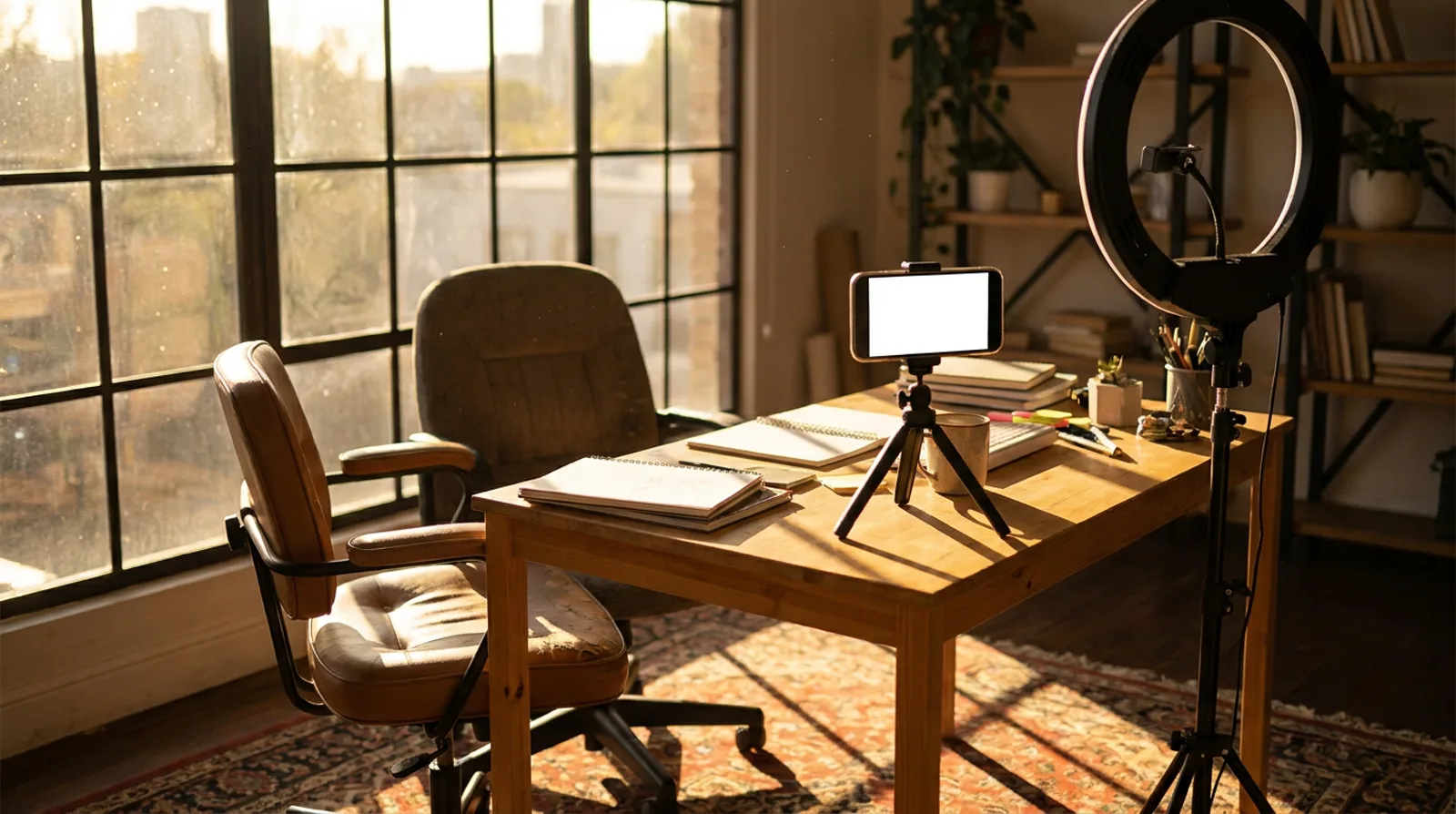 An empty creator desk with a phone on a tripod, waiting in golden light.